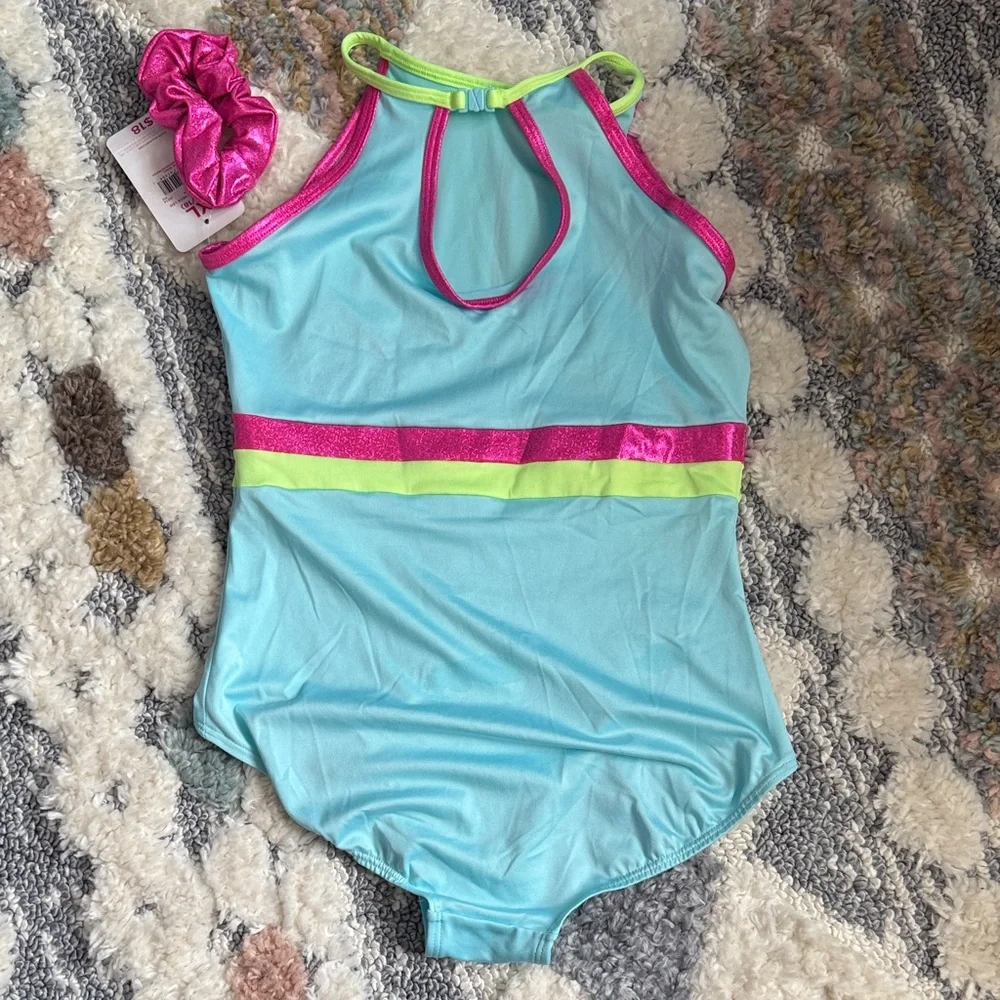 Justice Kids One-Piece Dance & Gym Suit - Blue and Pink with Neon Accents